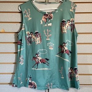 Western Cowboy Cowgirl Print Tank Top Cactus Horse Turquoise Sleeveless XL